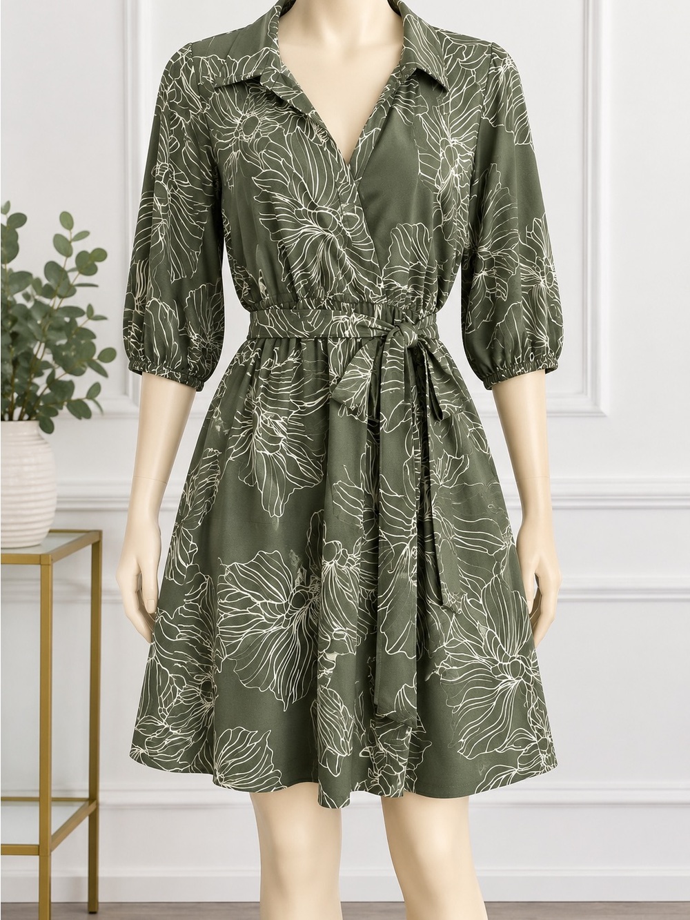 Calvin Klein Olive Green Floral Wrap Dress with Tie Waist